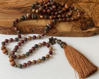 Red Creek JasperTassel Necklace, Long Hand Knotted Earthy Bohemian Necklace