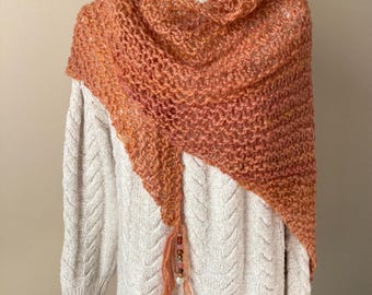 Carnelian Orange Wool Triangle Shawl, Hand Knit Lacey Open Stitch Wrap with Beaded Fringe, Hand Spun Wool Wrap
