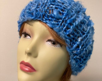 Blue Curly Wool Hand Knit Winter Headband, Womens Wide Rib Knitted Ear Warmer, Chunky Thick Ski Band