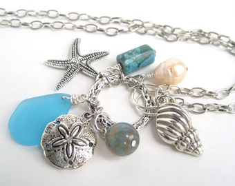 Beach Charm Necklace,  Aqua Sea Glass Talisman Charm Cluster Pendant