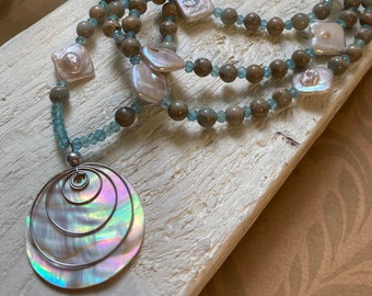 Mother of Pearl & Appetite Pendant Necklace, Natural Elements Summer Beach Long Gemstone Necklace