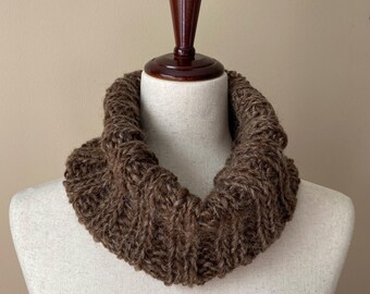 Chunky Handknitted Cowl, Natural Brown Wool Rib Knit Neckwarmer