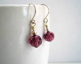 Faceted Glass Drop Earrings, Amethyst Grape Purple Dangle Earrings on Sterling Silver Ear Wires