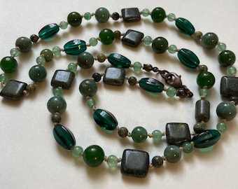 Moss Agate & Aventurine Necklace, Green Gemstone Hand Knotted Single Strand, Mixed Gem and Glass Beaded Necklace