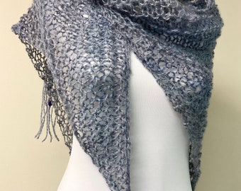 Blue Wool Triangle Shawl, Hand Knit Lacey Open Stitch Wrap with Beaded Fringe, Hand Spun Wool Prayer Shawl