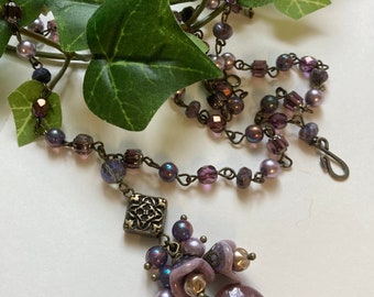 Purple Czech Glass Necklace, Amethyst Glass Bohemian Style Heart Necklace, Beaded Cluster Floral Drop Pendant