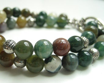 Fancy Jasper Bracelet, Double Strand Beaded Stone Bracelet with Toggle Clasp