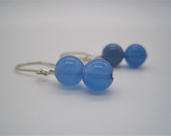 Blue Chalcedony Earrings on Silver Ear Wires, Double Beaded Gemstone Minimalist Drop Earrings