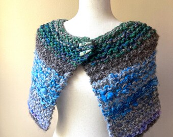 Chunky Artisan Handknit Wool Shoulder Wrap with Buttons, Blue and Green Handknit Cape, Earth & Sky Shawl