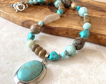 Turquoise Statement Necklace, Chunky Mixed Gemstone Pendant