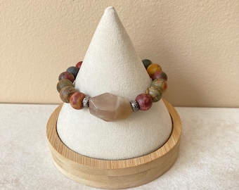 Picasso Jasper & Agate Nugget Bracelet, Mixed Gemstone Stacking Stretch Bracelet, Earthy Layering Bracelet