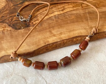 Red Jasper Barrel Bead Choker on Leather Cord