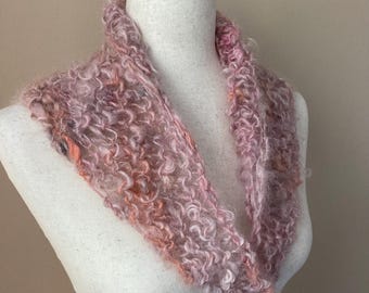 Pink Hand Knit Shoulder Wrap, Curly Handspun Wool Scarf, Small Artisan One Button Shawl