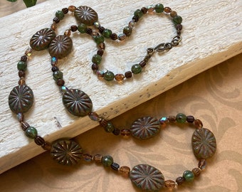 Czech Glass Beaded Necklace, Earthy Green and Bronze Bohemian Glass Necklace