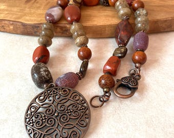Chunky Stone Necklace with Tibetan Pendant , Jasper Agate Bronzite Wood Statement Necklace, Round Medallion Beaded Pendant