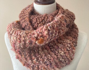 Hand Knit Chunky Cowl Neck Warmer, Copper Rust Art Yarn Infinity Scarf