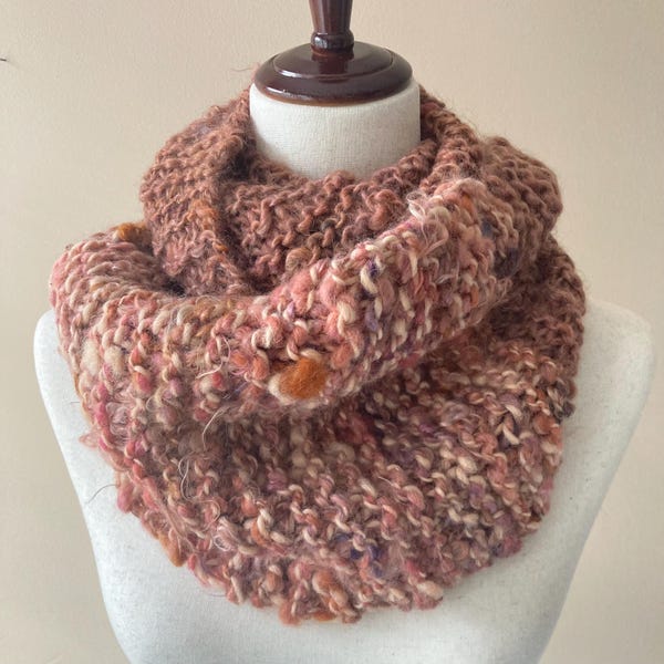 Hand Knit Chunky Cowl Neck Warmer, Copper Rust Art Yarn Infinity Scarf