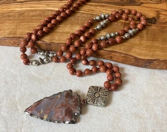 Goldstone & Jasper Arrowhead Pendant, Hand Knotted Boho Long Beaded Necklace
