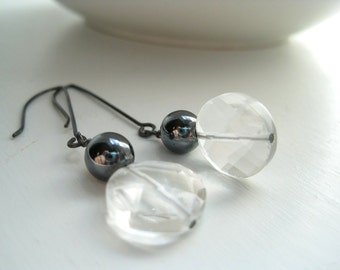 Hematite and Quartz Crystal Earrings, Geometric Black & White Earrings on Silver Ear Wires