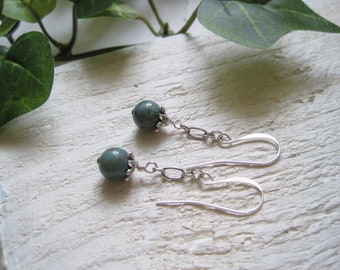 Green Moss Agate Drop Earrings on Silver Ear Wires, Forest Woodland Inspired by Nature Jewelry