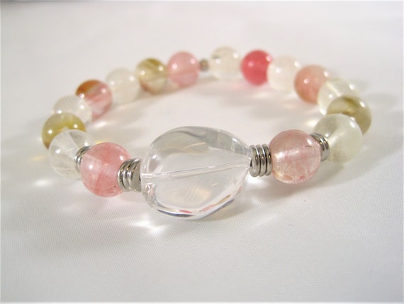 Cherry Quartz Clear Crystal Bracelet Pink Gemstone Stacking