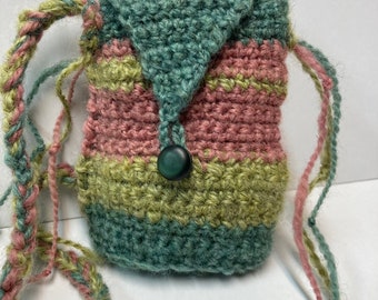 Green & Pink Mini Bucket Shoulder Bag, Hand-knit Wool Novelty Purse, Amulet Pouch Fringe Braided Long Strap