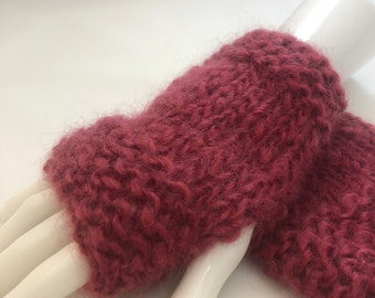 Hand Knit Wool Fingerless Mitts: Raspberry Red Artisan Yarn