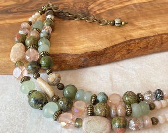 Triple Strand Mixed Bead Bracelet, Jasper, Agate & Phrenite, Pale Pink and Olive Gemstones