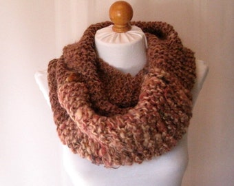 Hand Knit Chunky Cowl Neck Warmer, Copper Rust Art Yarn Infinity Scarf