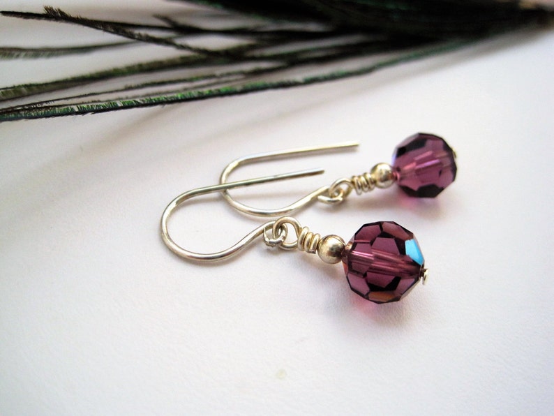 Faceted Glass Drop Earrings, Amethyst Grape Purple Dangle Earrings on Sterling Silver Ear Wires image 2