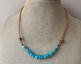 Turquoise Magnesite Beaded Necklace on Natural Leather Cord