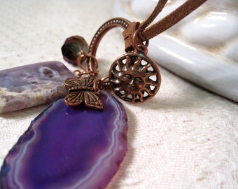 Purple Butterfly Agate Necklace, Charm Talisman Gemstone Slice Cluster Pendant, Fantasy Nature Sun on Copper Suede Cord