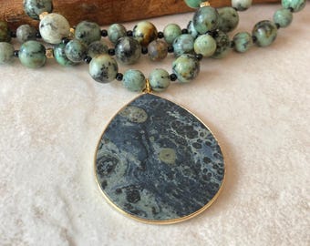 African Turquoise Beaded Pendant Necklace