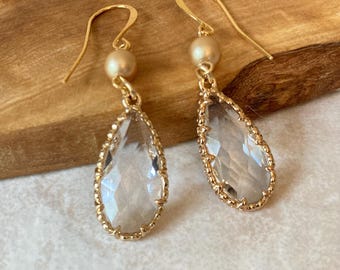 Glass Crystal & Gold Drop Earrings, Teardrop Earrings, Bridal Wedding Jewelry