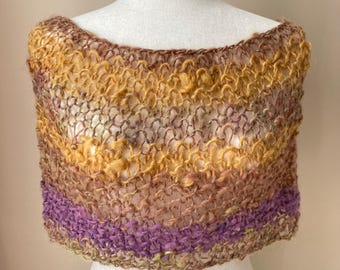 Hand Knit Wool Shoulder Wrap, Handspun Yarn Shrug in Mustard Berry & Gold