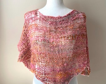 Hand Knit Art Yarn Poncho, Loose Open Weave Wool, Lightweight Pink Boho Poncho