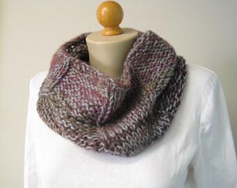 Hand Knit Wool Neck Warmer, Grey Raspberry Colorway Reversible Chunky Cowl