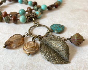 Bohemian Leaf Charm Pendant Necklace, Long Turquoise Jasper & Brass Beaded Boho Necklace