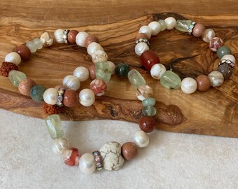 Mixed Gemstone Stacking Bracelet Set, Carnelian Pearl Prehnite Goldstone Agate