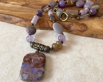Purple Beaded Pendant Necklace, Multi Gemstone Statement Necklace, Amethyst Jasper Jade Agate