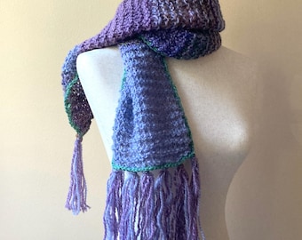 Hand Knit Long Purple Scarf, Handspun Wool Assymmetrical Poorboy Muffler with Fringe, Multi Wrap Scarf