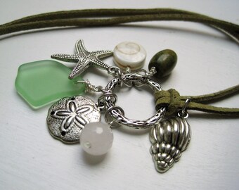 Beach Charm Necklace Green Sea Glass, Stone & Charm Talisman, Charm Cluster Pendant on Suede Cord