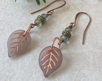 Copper Leaf Drop Earrings, Czech Glass & Bead Bohemian Jewelry