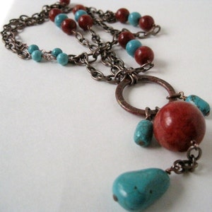 Long Copper Chain Necklace Coral Turquoise Magnasite