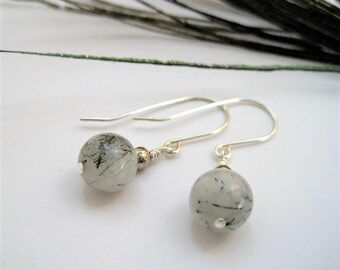 Rutille Quartz Drop Earrings, Black & White Minimalist BeadedGemstone Simple Earrings