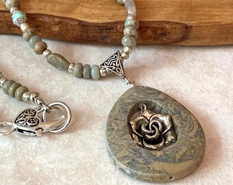 African Blue Opal Teardrop Pendant, Silver Rose Beaded Necklace