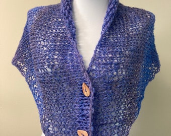 Hand Knit Wool Capelet, Amethyst Purple Shawl with Leaf Buttons, Hand Spun Woolen Poncho Cape Wrap