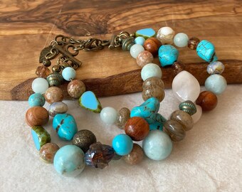Triple Strand Bohemian Bracelet, Mixed Gemsone Beads, Adjustable Beaded Bracelet