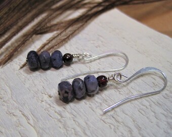 Purple Lace Agate Earrings, Agate and Ruby Drop Earrings on Silver Wires