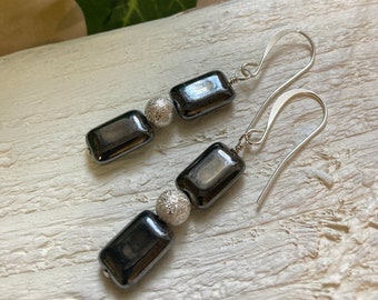 Black Minimalist Geometric Earrings, Rectangular Glass Beaded Drop Earrings